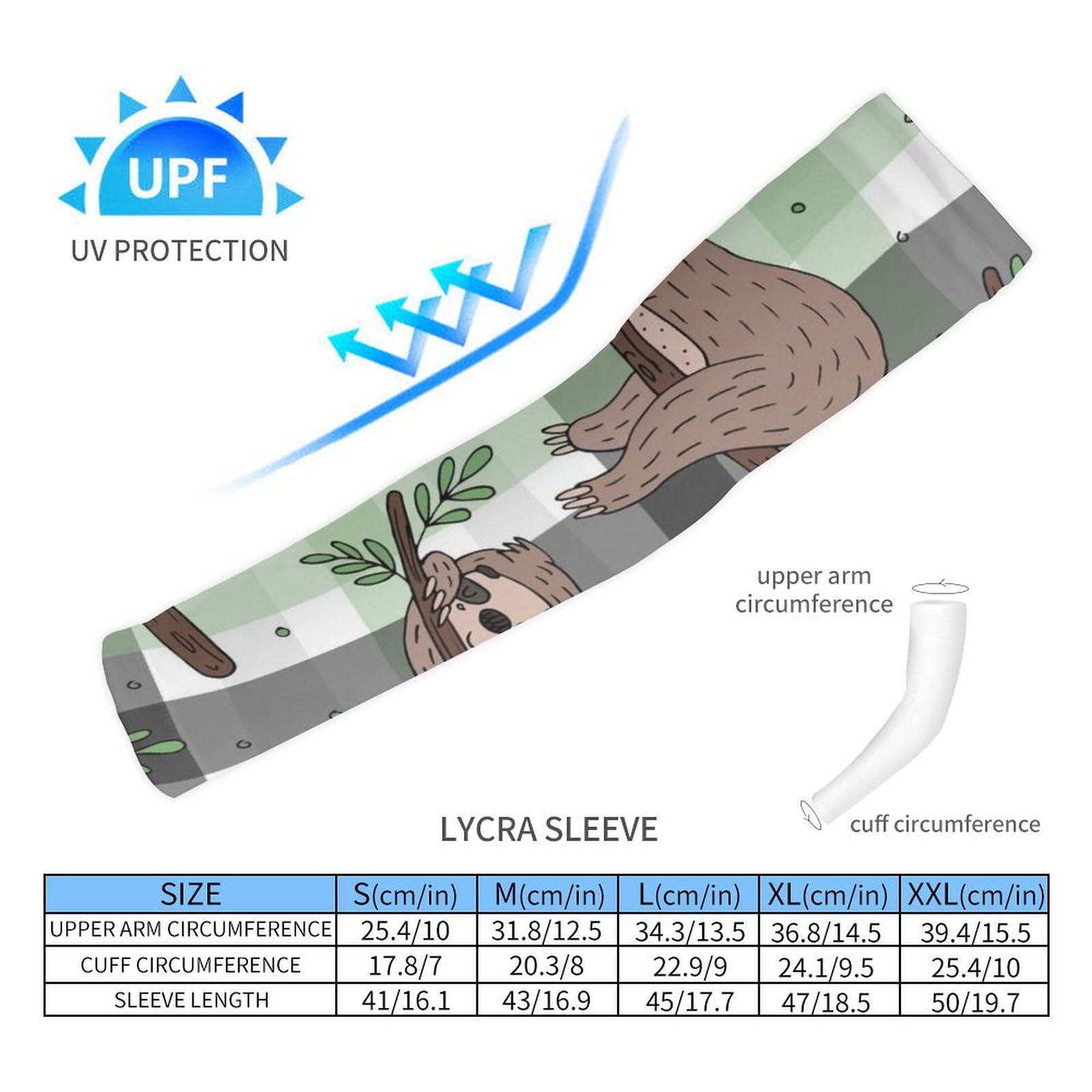 Xmkltbz 1 Pair Cooling Arm Sleeves, Unisex Warmer Spandex Sports Cover Uv Sun Protection for Cycling Golf Running XL Print Doodle Sloth On Tree Branches On Checker Plaid
