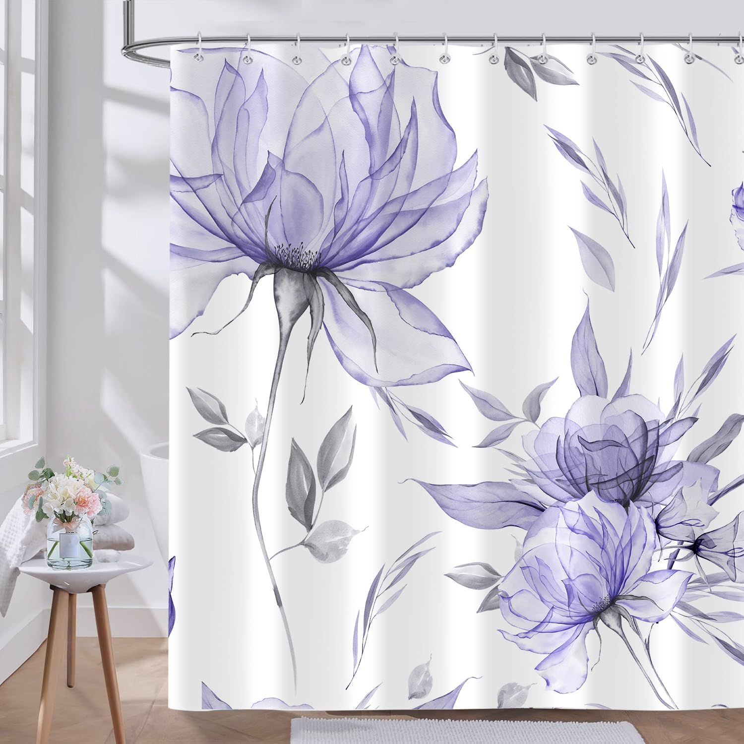 Purple Grey Watercolor Floral Shower Curtain, Flower Leaves Minimalist Aesthetic Art Shower Curtains for Bathroom Sets Decor, Waterproof Polyester Cloth Fabric with 12 Hooks,72x84 Inch