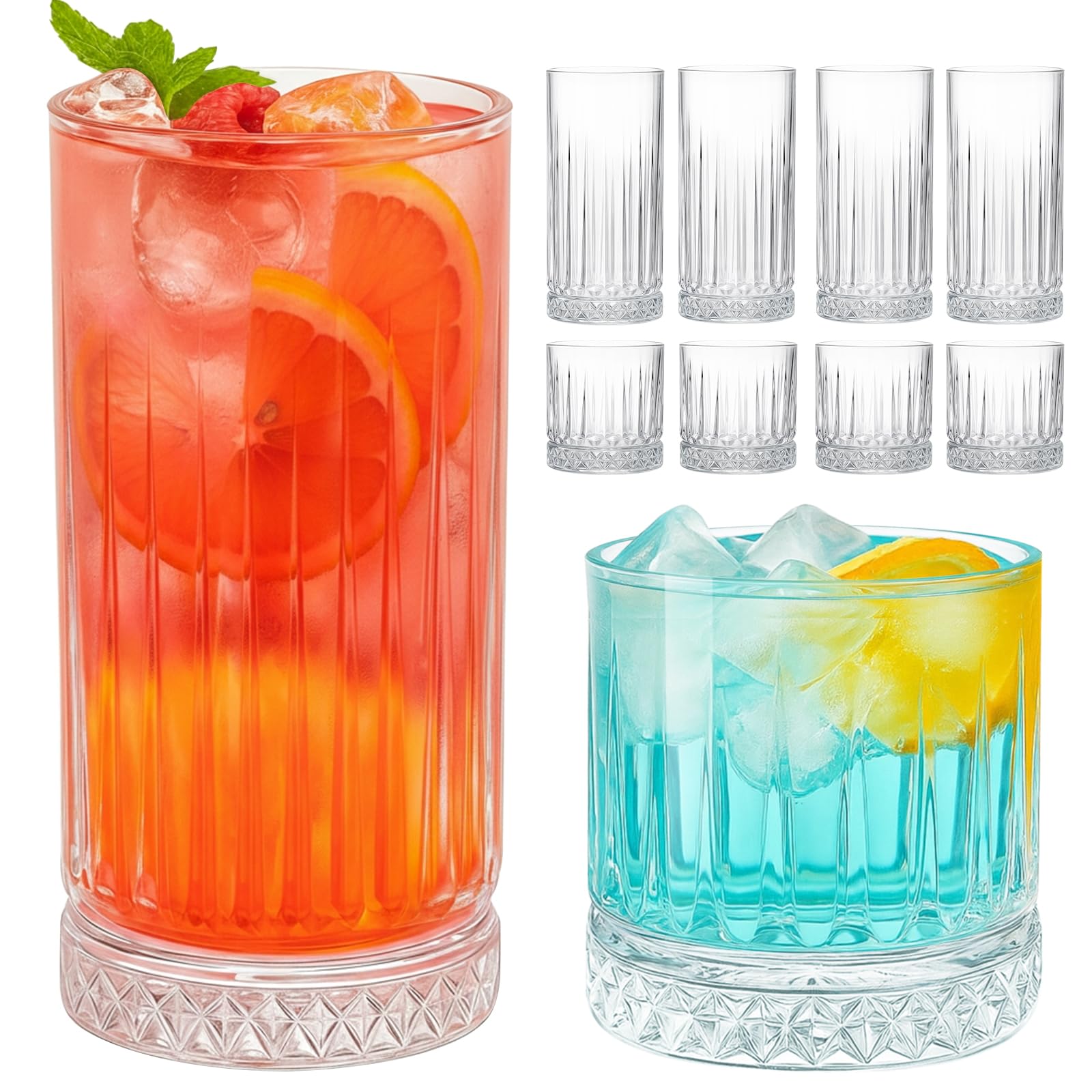 Ruckae Drinking Glasses Set of 8 15 oz and 7 oz Kitchen Water Glass Cups Set Clear Ribbed