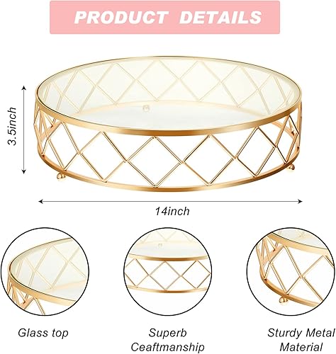Miniatura 2 de Nuanchu Soporte redondo de metal geométrico de 14 pulgadas para tartas de boda, soporte metálico brillante para tartas con parte superior de vidrio
