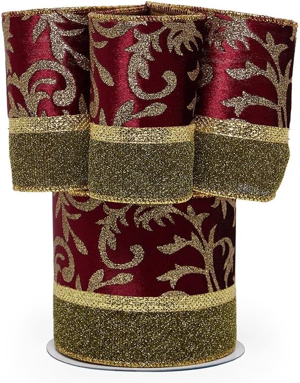 4" X 10 Yards Wine/Gold Florence Christmas Wide Gold Backed Wired Ribbon