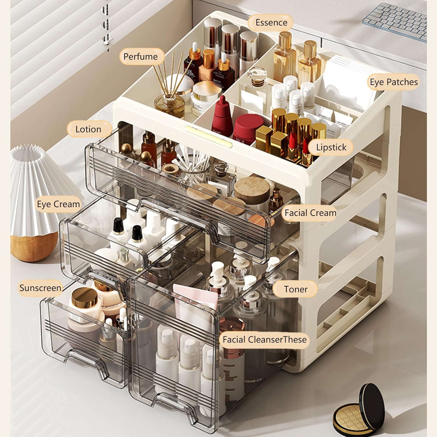 エレガントなメイクアップオーガナイザー。大容量デザインの化粧品やアクセサリーに。寝室やバスルームの美容製品収納ボックスに最適。
