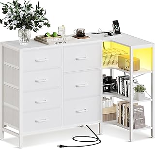 AODK タンス チェスト L字 衣裝ケース 収納ケース 衣装棚 洋服収納 led付き 引き出し7杯付き コンセント付き 脱衣所 衣類チェスト ラック付き 箪笥 たんす 木製天板付き 和風 コーナーに最適 リビング 安定感 大容量(ホワイト, 幅110×奥行60×高さ80cm)