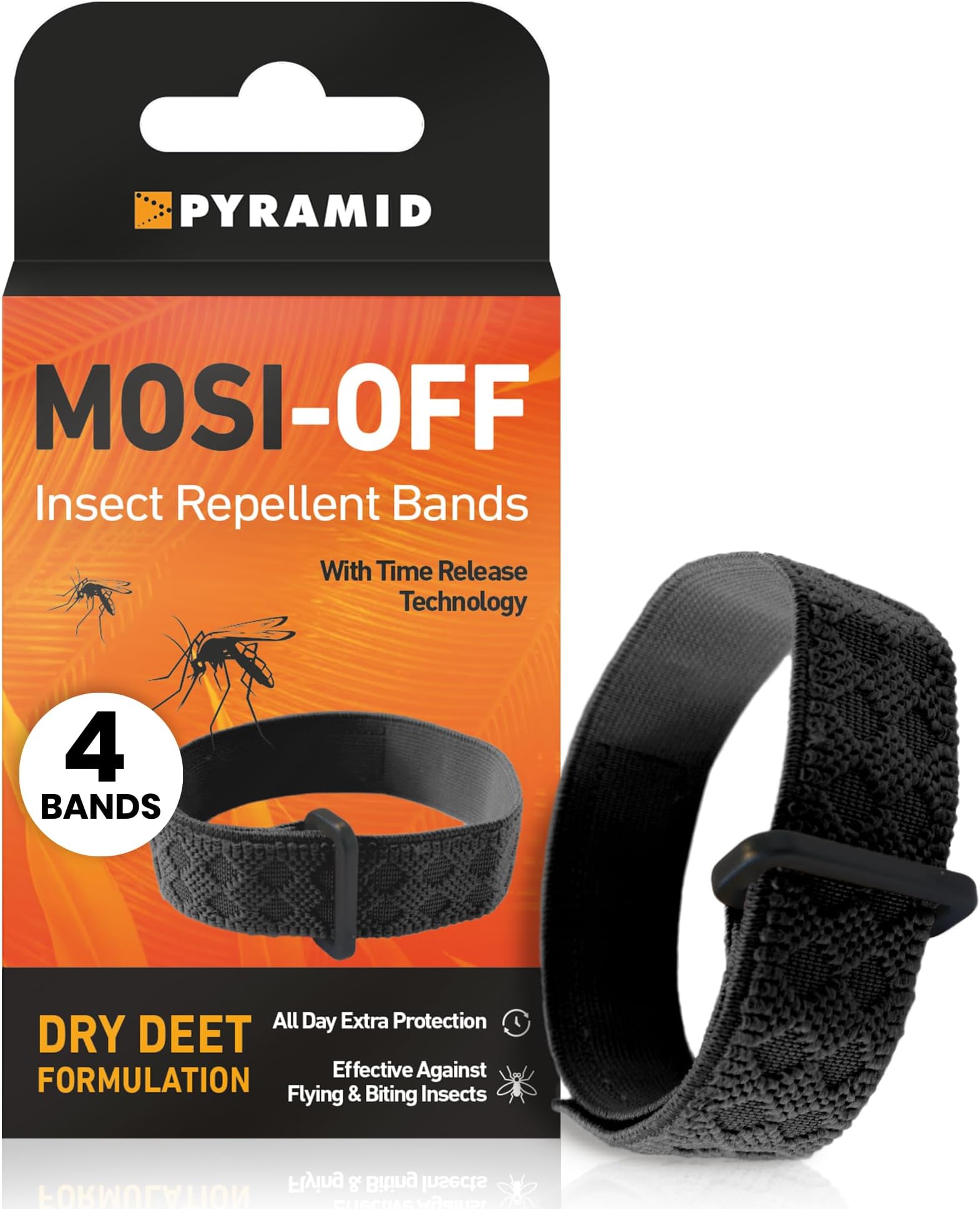 Pyramid Mosquito Repellent Bracelet with DEET, 4X Mosquito Bands, Up to 100 Hours of Protection Against Flying & Biting Insects - Easy to Wear and Adjust