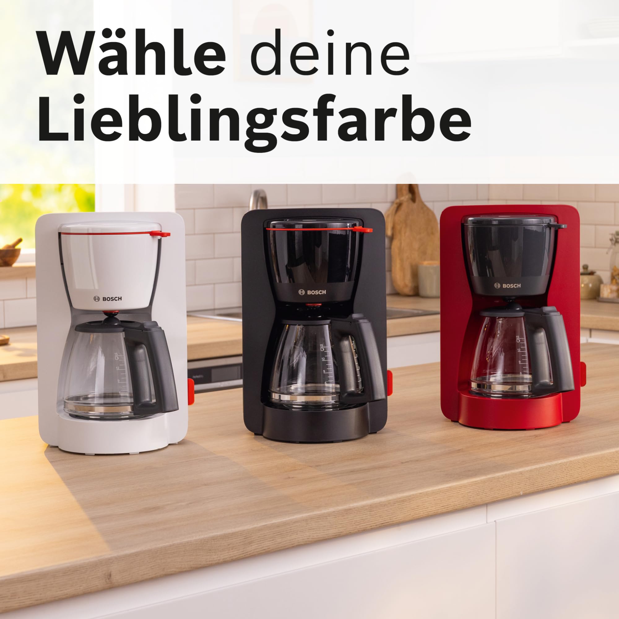 Bosch MyMoment TKA3M131 przelewowy ekspres do kawy, szklany dzbanek 1,25 l, na 10-15 filiżanek, funkcja utrzymywania ciepła 60 min, blokada kapania, obrotowy uchwyt filtrujący, program odkamieniania,