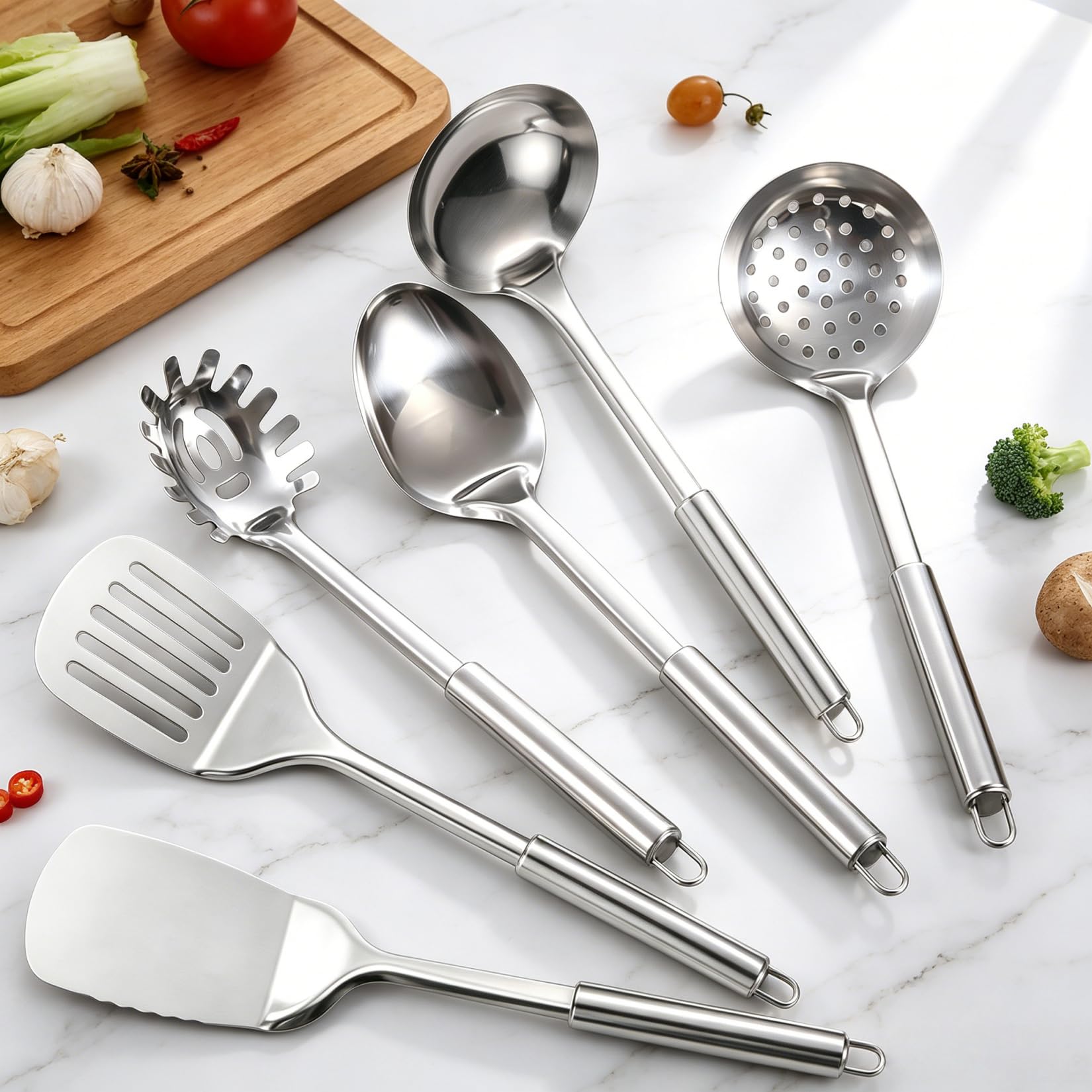 Juego de 11 utensilios de cocina de acero inoxidable con soporte, resistentes al calor, para cocinar con volteadores, triturador de patatas, skimmer, cucharón, pinzas, batidor