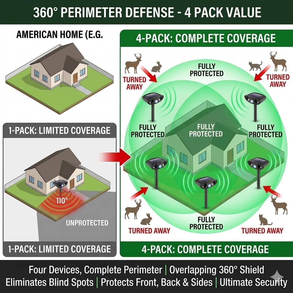 4Pack Solar Cat Repellent Ultrasonic Outdoor,2026 Ultrasonic Animal Repellent for Yard&Garden,IP65 Waterproof Motion Activated Deterrent,Animal Device to Keep Stray Cats,Deers,Raccoons Away from Lawn