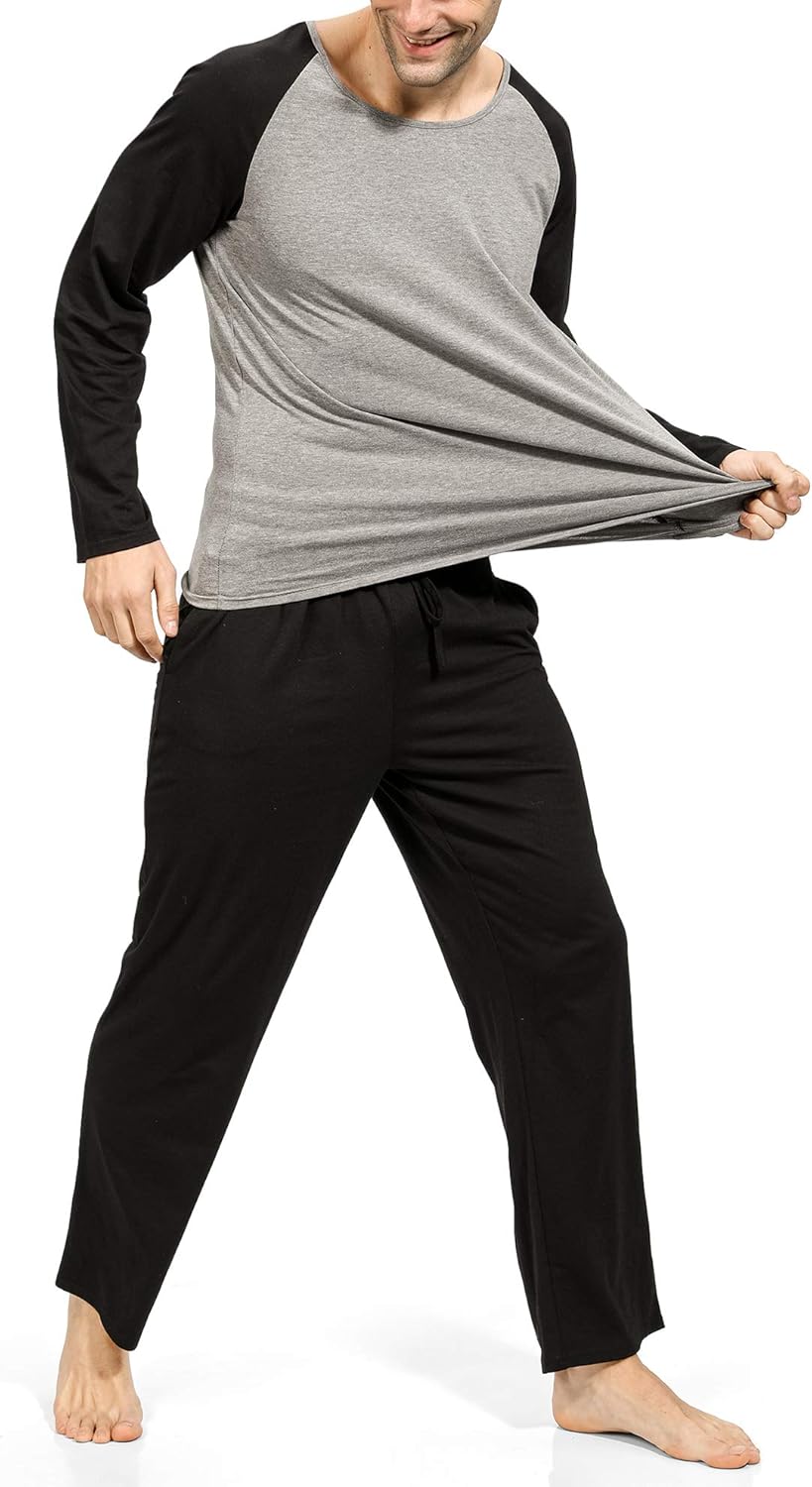 YIMANIE Men's Pajamas Set Soft Cotton Knit Long Sleeves and Pajamas Pants Classic Sleepwear Lounge Set at  Men’s Clothing store