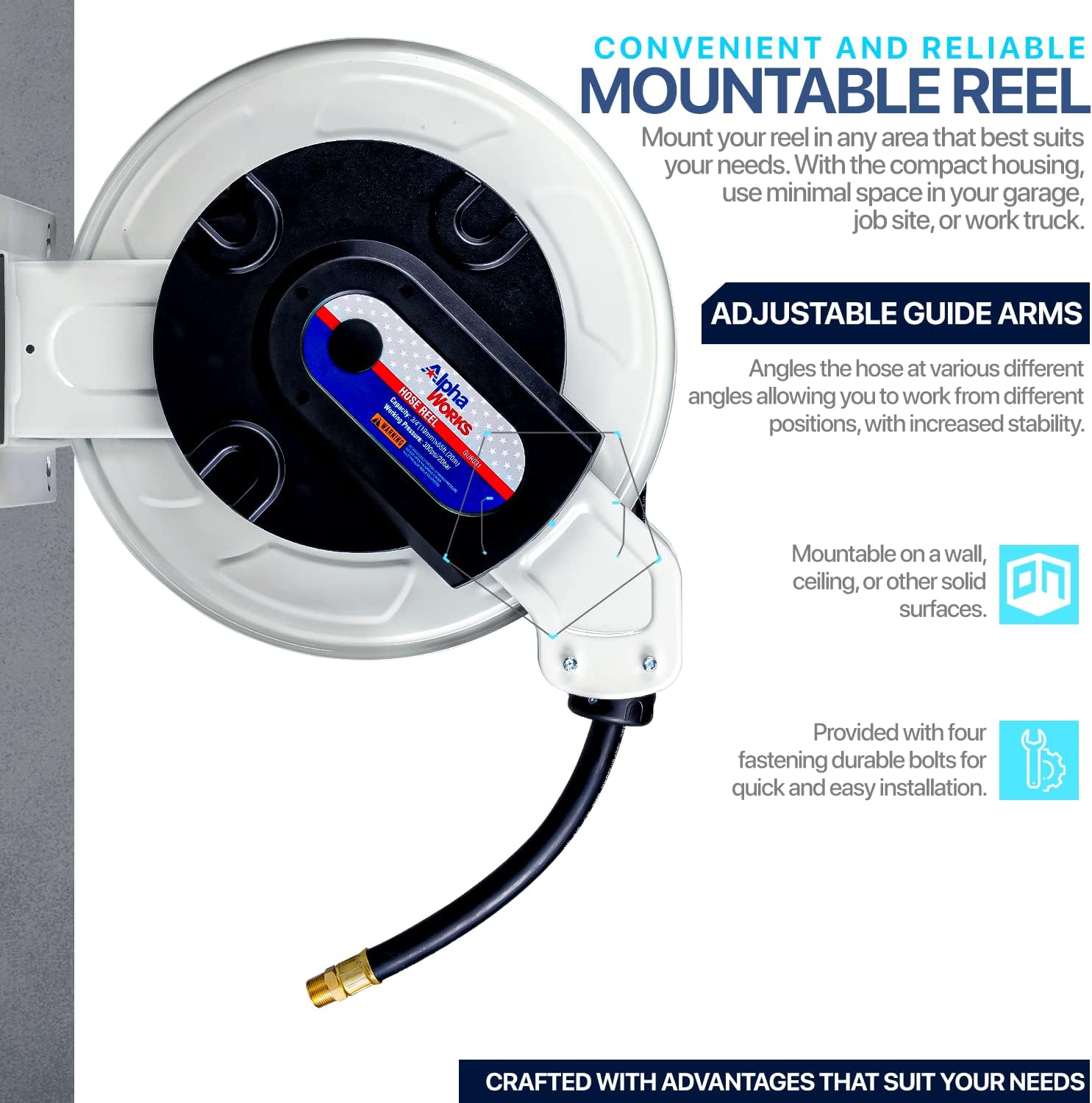 Lіmіtеd Dіѕсоunt AlphaWorks Fuel Hose Reel Retractable ELITE 3/4 Inch x 65' Feet Extra Long Premium Commercial NBR Hose MAX 300PSI Heavy Duty Industrial Spring Driven Steel Construction Dual Arm for Fuels/Air/Water