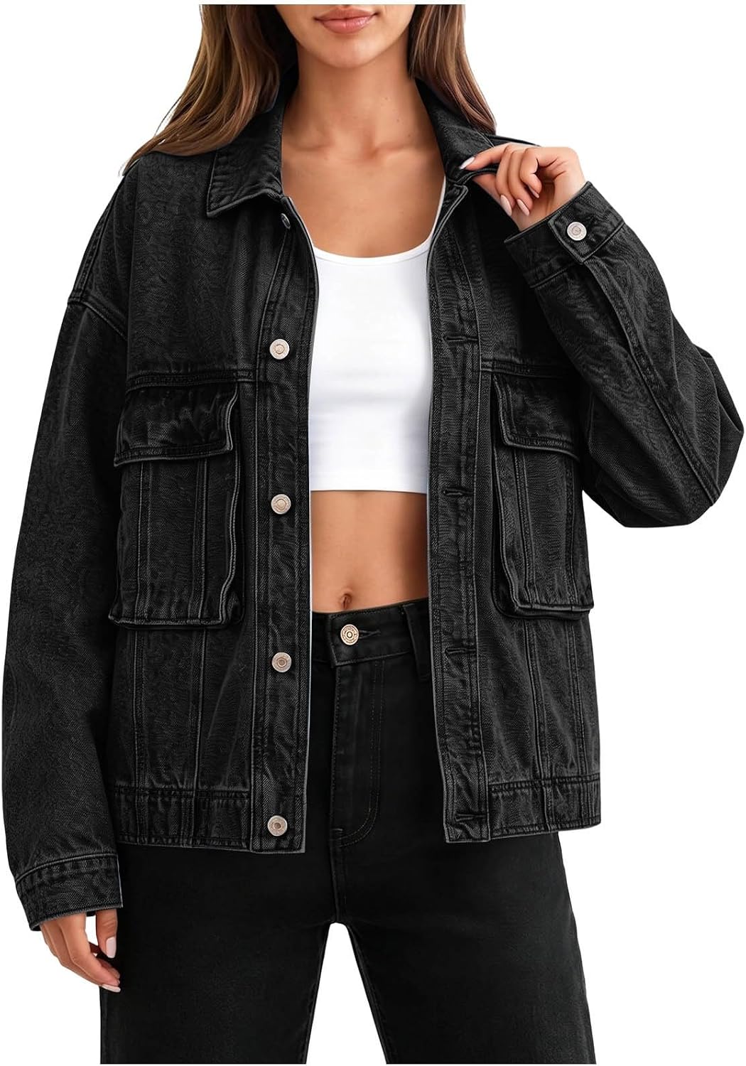Women's Utility Denim Jacket Collared Button Front Casual Shacket