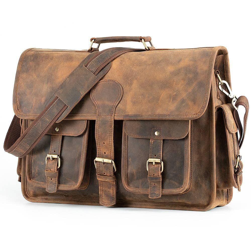 Ruzioon Leder-Kuriertasche für Damen und Herren, Leder, Laptop-Aktentasche, Ledertasche, für Büro und Business, braun, Large