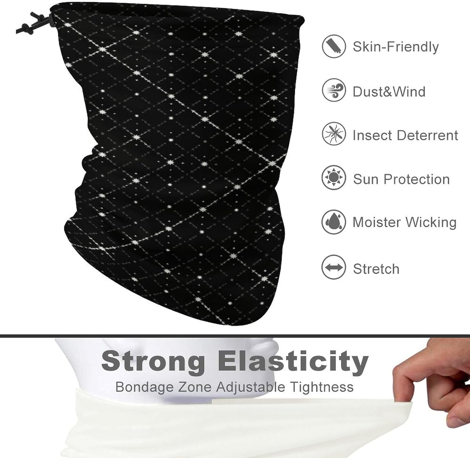White Fine Lines Men's Neck Gaiter Face Cover, Polyester Breathable Scarf with Drawstring Toggle Adjuster