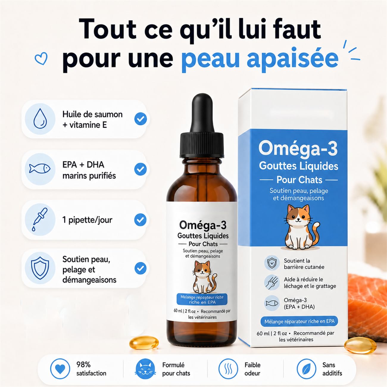 Gouttes d'Oméga-3 pour Chats – Huile de Saumon Purifiée avec EPA & DHA + Vitamine E | Complément Naturel Anti-Démangeaisons, Pelage Brillant & Peau Saine | Facile à Administrer