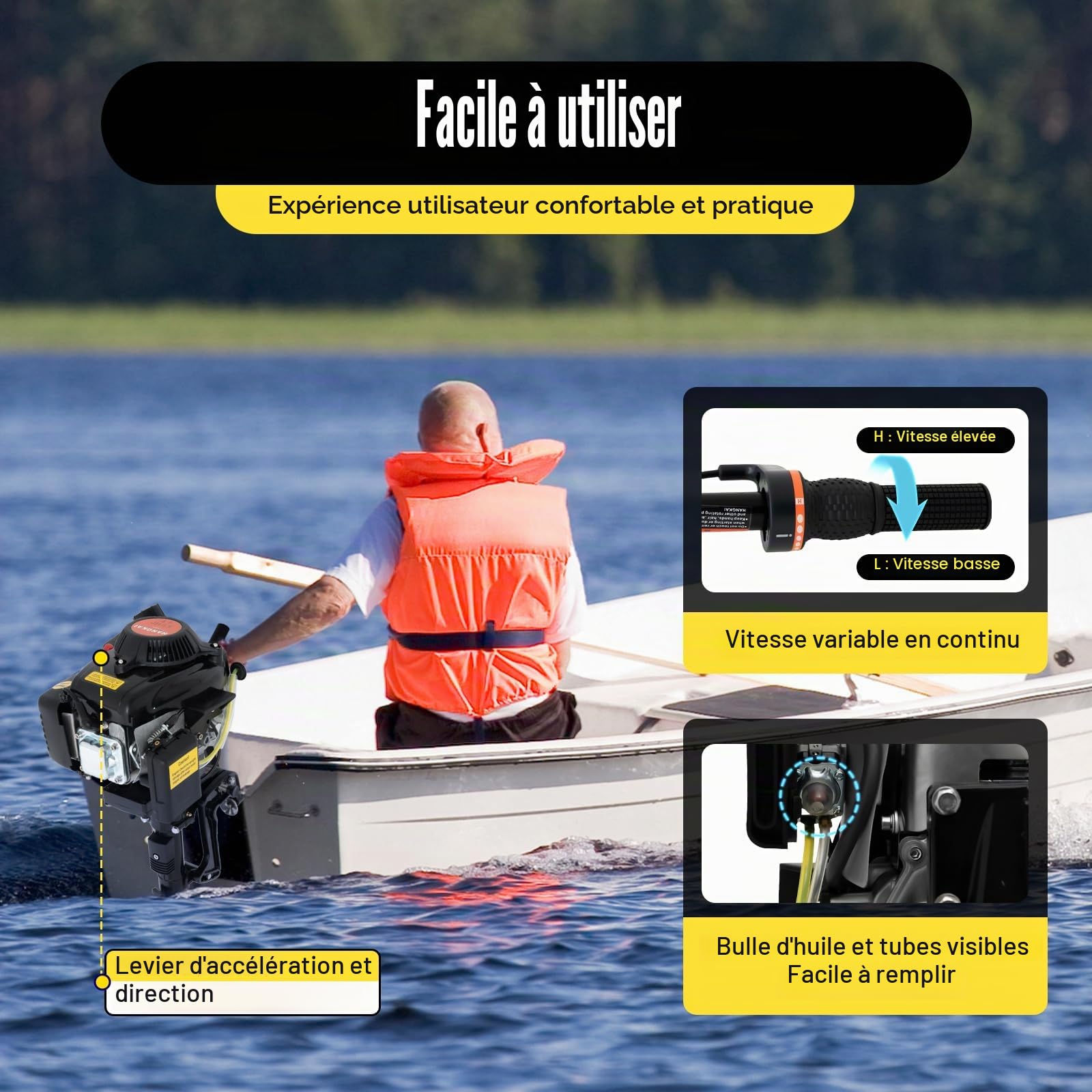 Moteur hors-bord à essence 4 temps 4 CV avec système de refroidissement à eau, allumage CDI, système de refroidissement à eau, vis de serrage de plaque arrière, pour bateaux gonflables, bateaux de