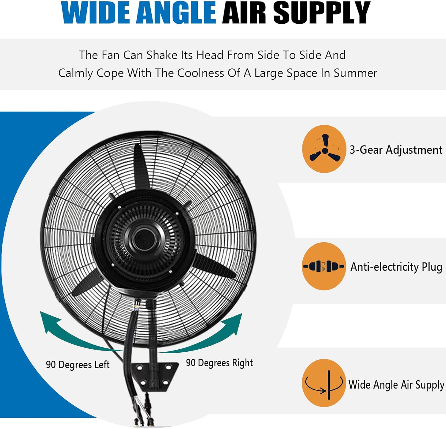 90° Oscillating Outdoor Misting Fan, 3-Speed Wall Mounted Fan, Waterproof Spray Cooling Fan, Heavy Duty Commercial Outside Restaurant Fan