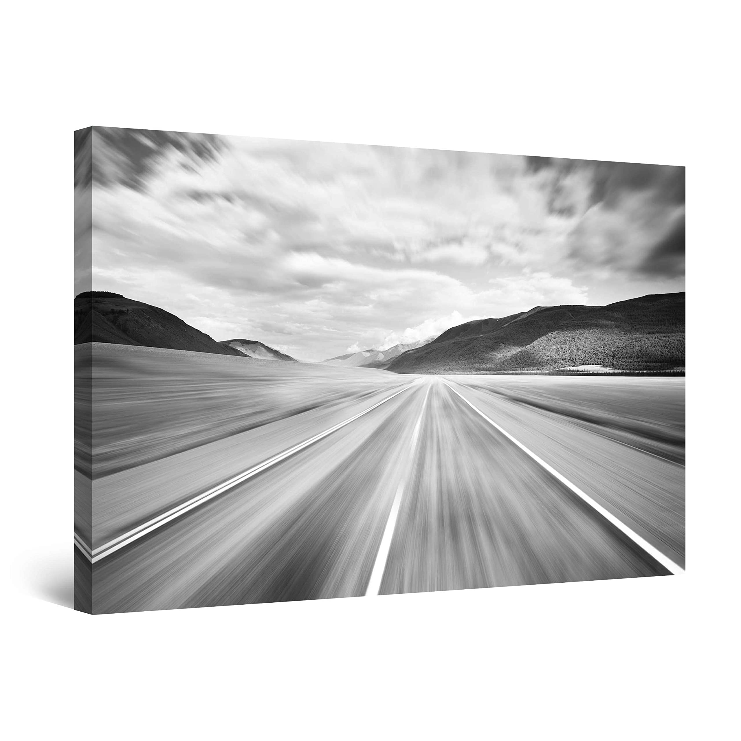 Startonight Canvas Wall Art Black and White Abstract Speed Road USA, Framed Artwork Picture Decor for Bedroom, Unique Luminous Wall Art Minimalism Art 60 cm x 90 cm Day & Night Effect