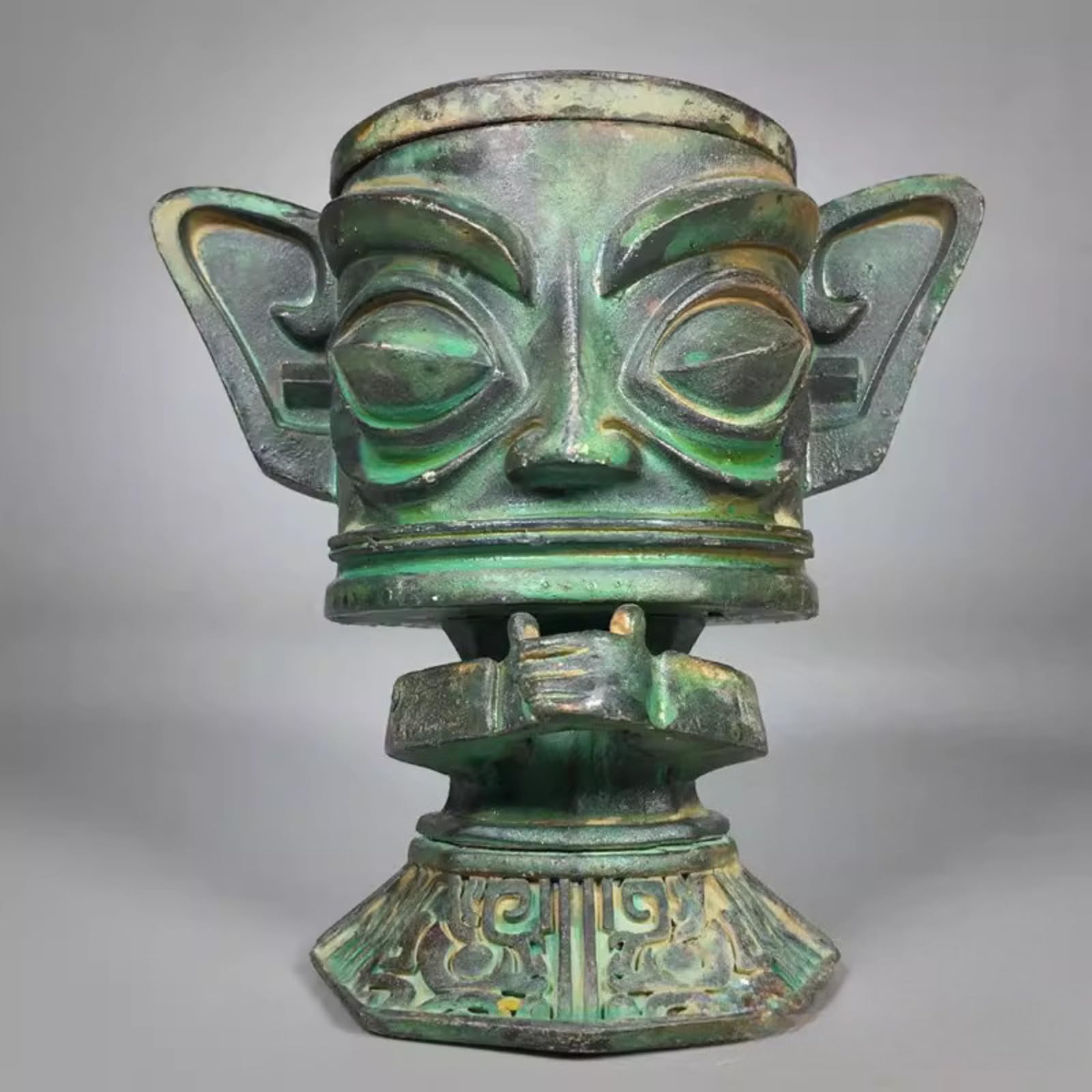Porte-encens masque Sanxingdui et sculpture bronze antique de 10 cm