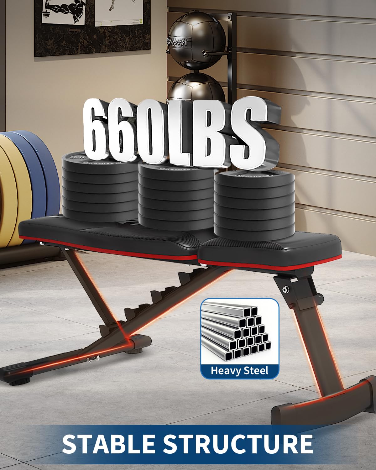 Banco de musculación plegable y ajustable para gimnasio en casa – Capacidad 300 kg – 5 posiciones del respaldo (inclinado, declinado, plano) – Plegado rápido en 2-3 segundos – Ahorro de espacio