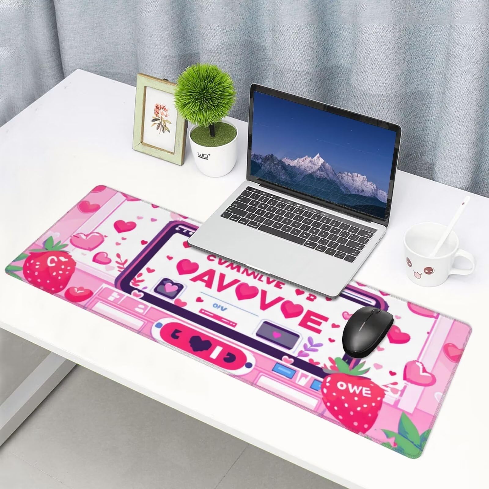 Tappetino Mouse, Tappetino Mouse Gaming Grande XXL 1500x800x3mm Tappetino Scrivania Mouse Pad, Base in Gomma Antiscivolo, Bordi Cuciti,Lavabile, Mousepad per Ufficio e Gaming (Fragola rosa) R-162