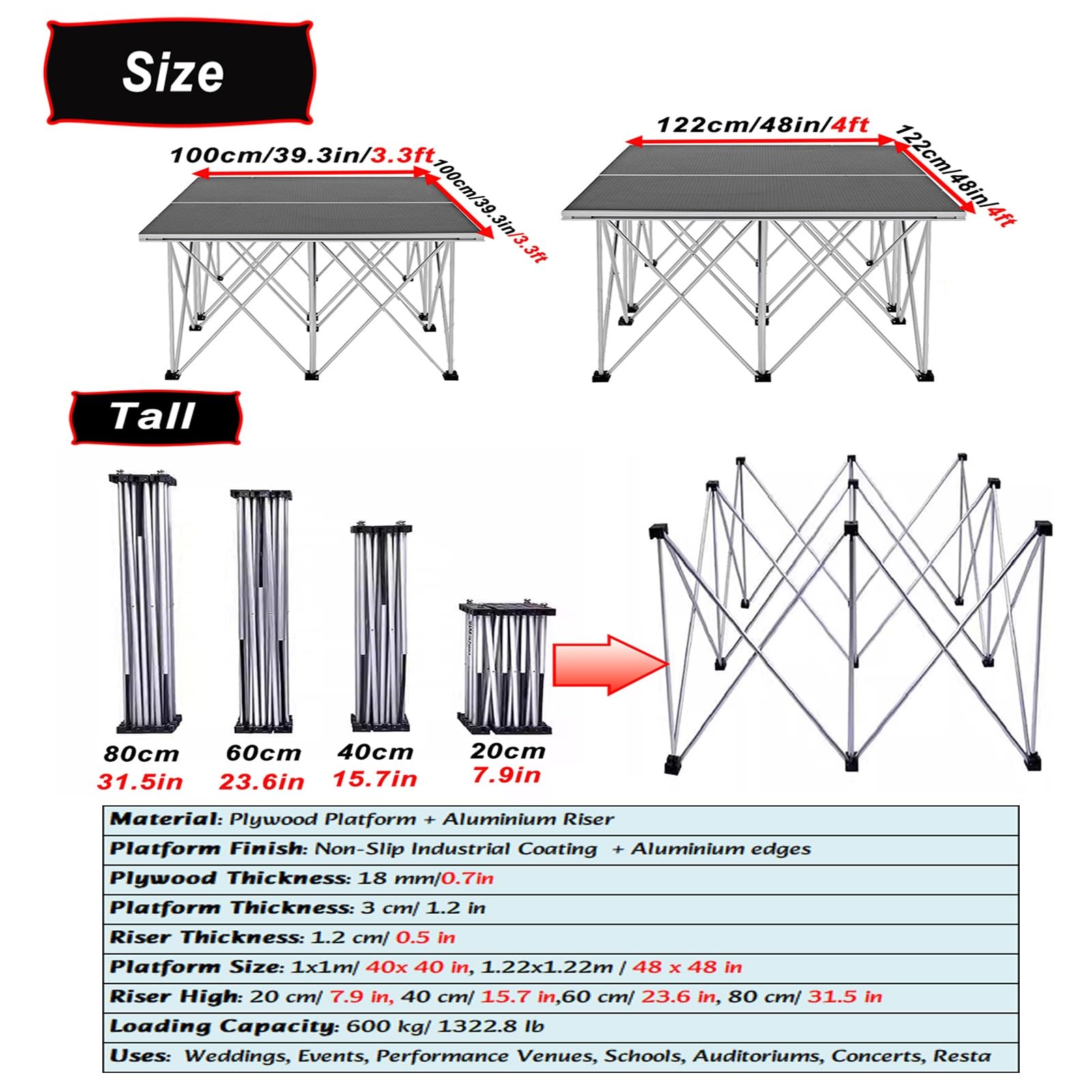 Plataforma de escenario portátil, elevador de rendimiento plegable para conciertos y eventos, sistema modular, altura 80 cm, 1 x 1 m