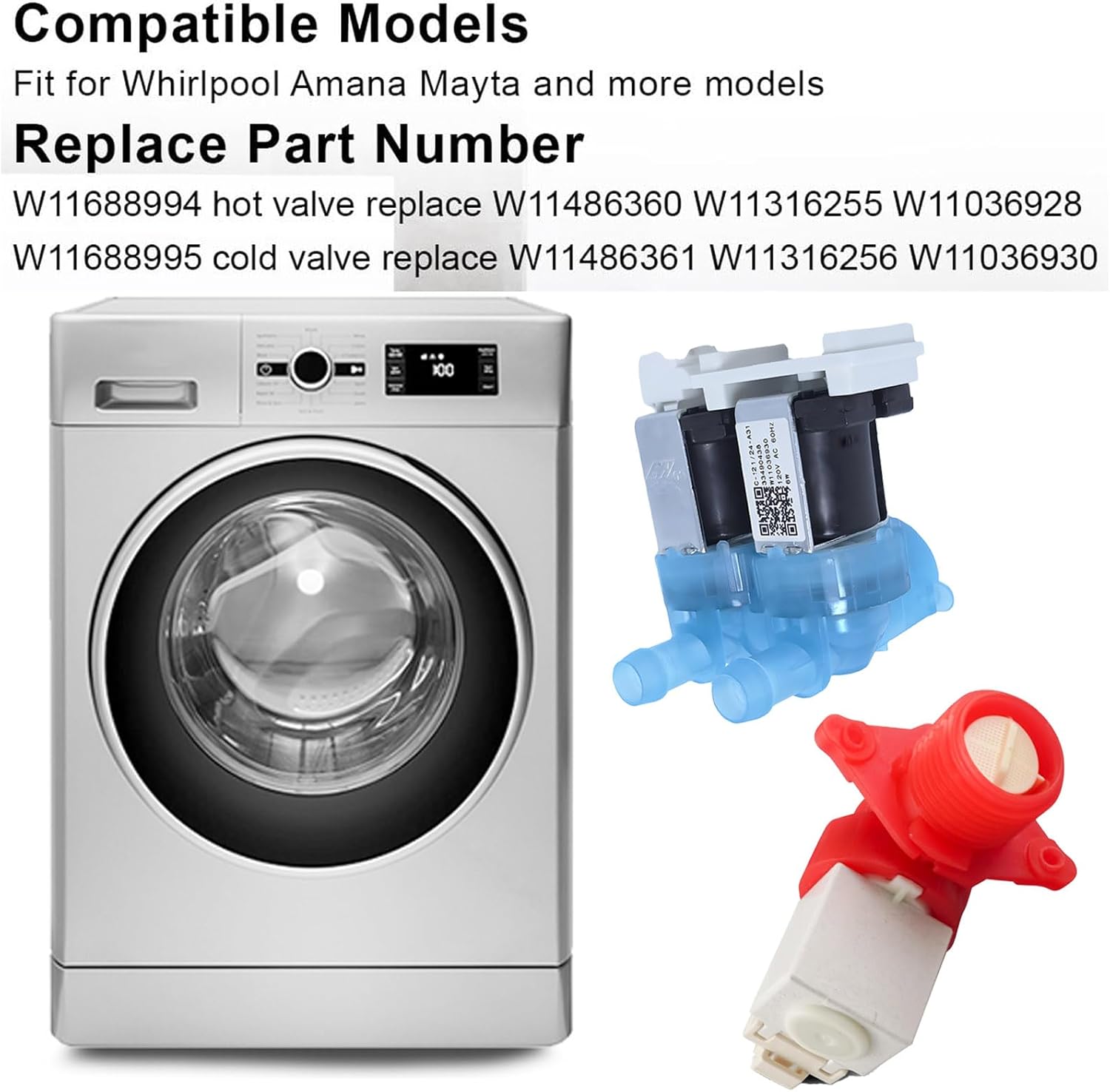 W11688994 & W11688995 Washer Cold and Hot Water Inlet Valve Set Replacement for Whirlp Washing Machine Parts, Replaces W11486360 W11486361 W11036930 W11316256