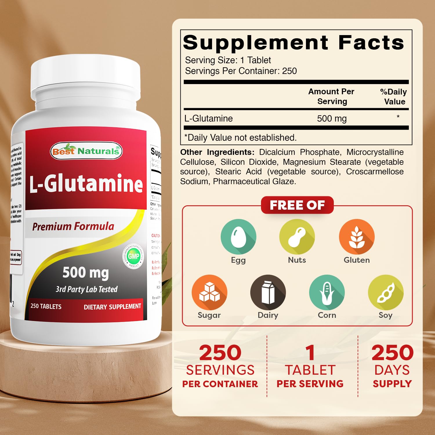 Best Naturals L-Glutamine 500 mg 250 Tablets — Amazon image 2