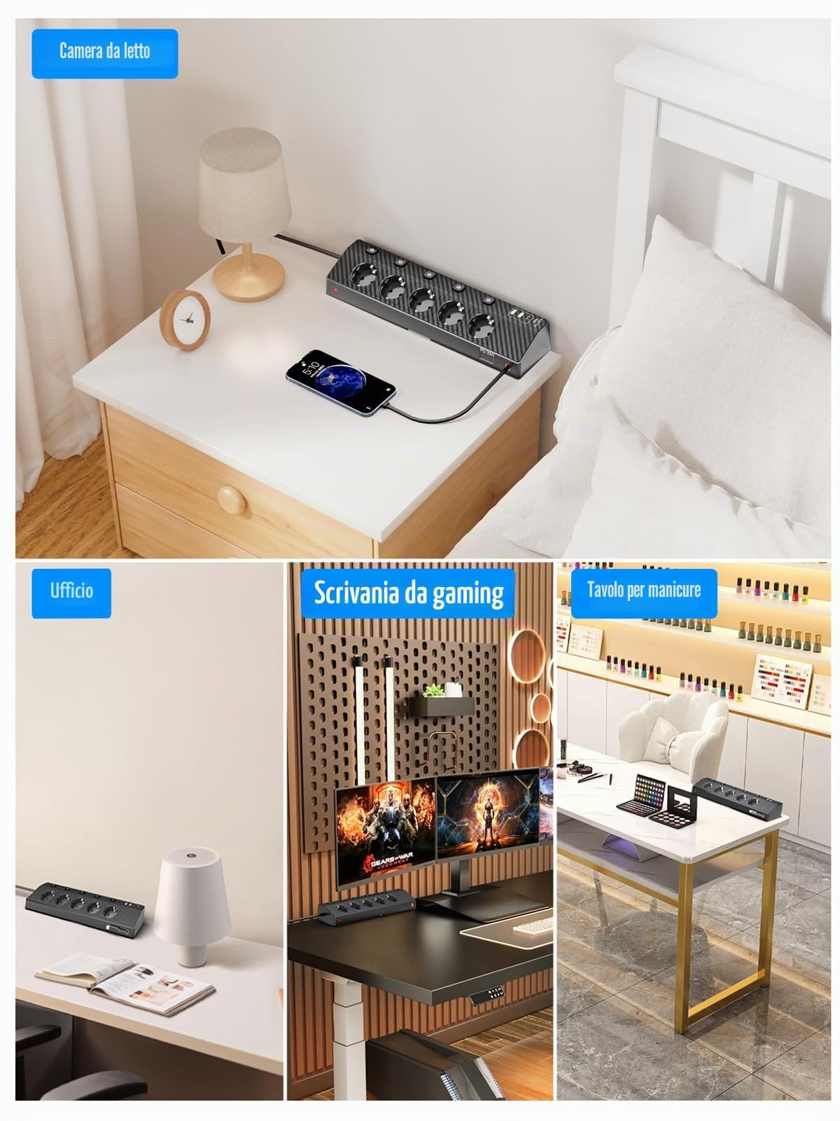 Ciabatta Multipresa con USB 30W, Scrivania Elettrica con 5 Prese, Multipresa Protezione Sovratensione con Interruttori Indipendenti e Prolunga Elettrica 3 Metri, 4000W Presa, Nero
