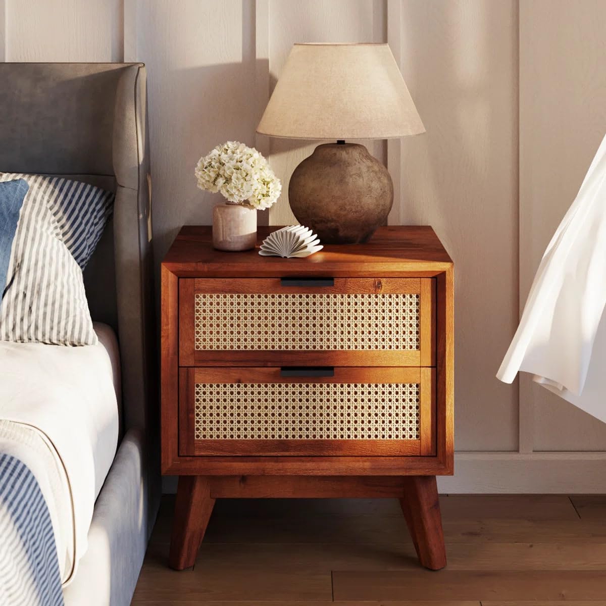 Renbo Wooden Bedside Table with Cane Rattan Design, 2 Drawers, Brown | Boston Solid Wood Bedside Table with Rattan Drawers Mid Century Night Stand for Living Room, Bedroom (Hony)-image-18