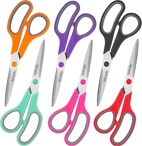Scissors, Almarto 8" All Purpose Scissors Pack of 6 Comfort-Grip Sharp Scissors for Office School House Sewing Fabric Crafts Arts Desk Accessories