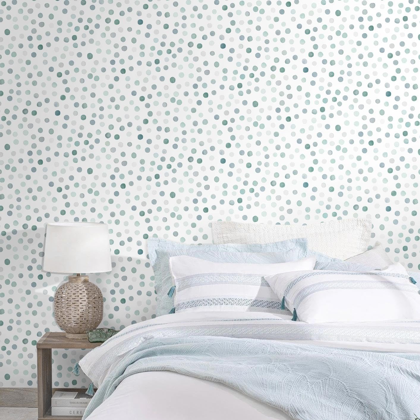 Dimoon 17.3''x78.7'' Peel and Stick Wallpaper Blue Green Boho Contact Paper Modern Polka Dot White Wallpaper Removable Self Adhesive Wall Paper Renter Friendly Bathroom Kitchen Vinyl Roll