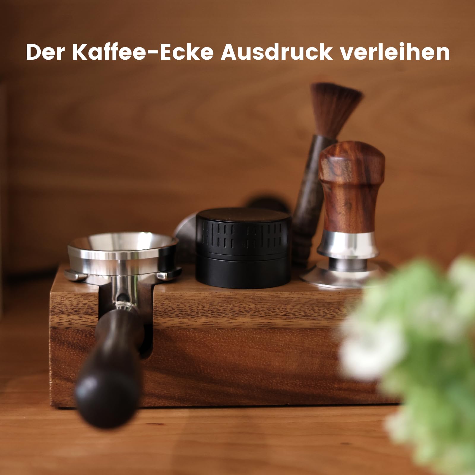 Tamperstation 58mm, Tamperstation Holz für Siebträger 58mm, Walnuss Barista Tamping Station für Espreso Zubehör mit Silikonkissen, Einstellbare Höhe