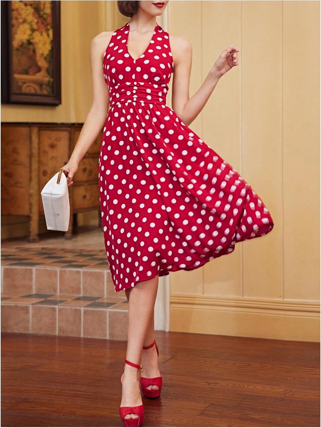 MakeMeChic Women's Polka Dots Dress HalterTie Open Back Ruched A Line Midi Dresses - Image 5