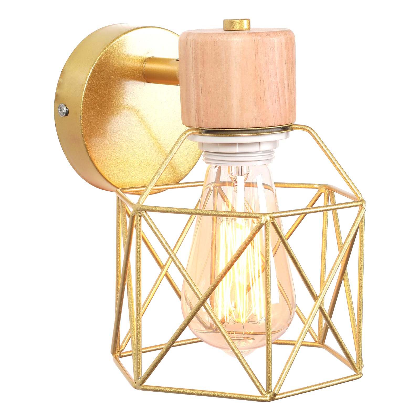 iDEGU Industrial Wall Light Metal Cage Design Wood Wall Lamp Adjustable Vintage Indoor Wall Sconce E27 Ceiling Light for Bedroom, Hallway, Living Room (15cm, Type A, Gold, 1 Pack) โ image 1