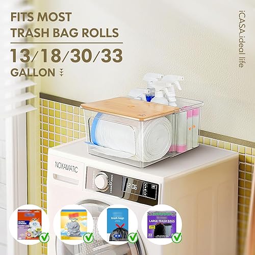 Miniatura 4 de Soporte dispensador de bolsas de basura, organizador 2 en 1 para debajo del fregadero con caja de acrílico transparente y tapa de bambú, capacidad