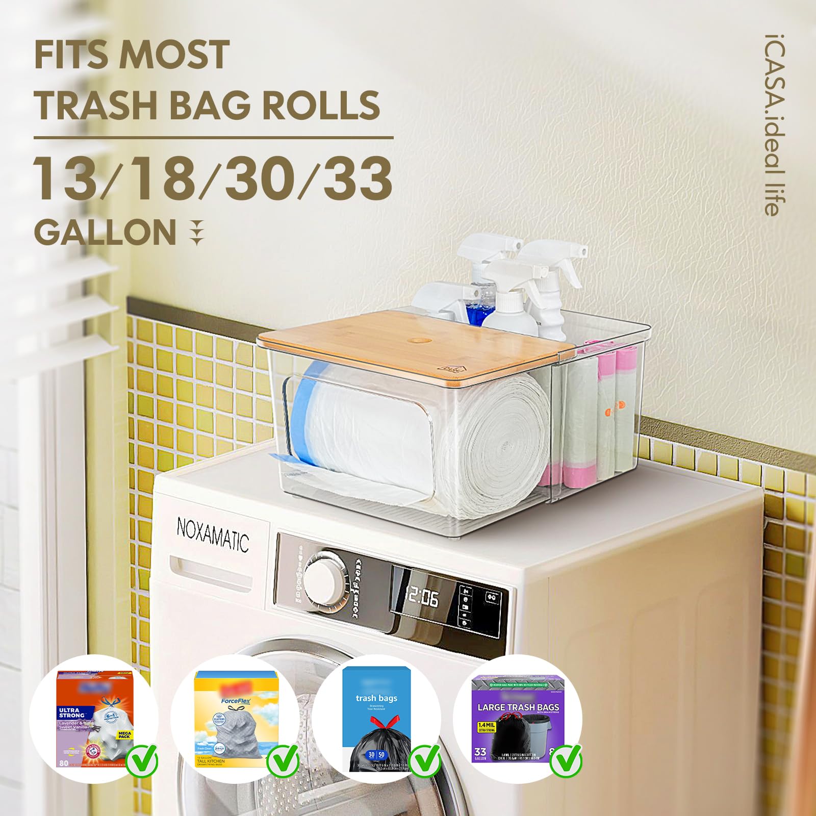 iCASA Dispensador de bolsas de basura, soporte para rollo – Contenedor de bolsas de basura acrílico transparente 2 en 1 con tapa de bambú, caja de almacenamiento de bolsas de plástico para cocina,