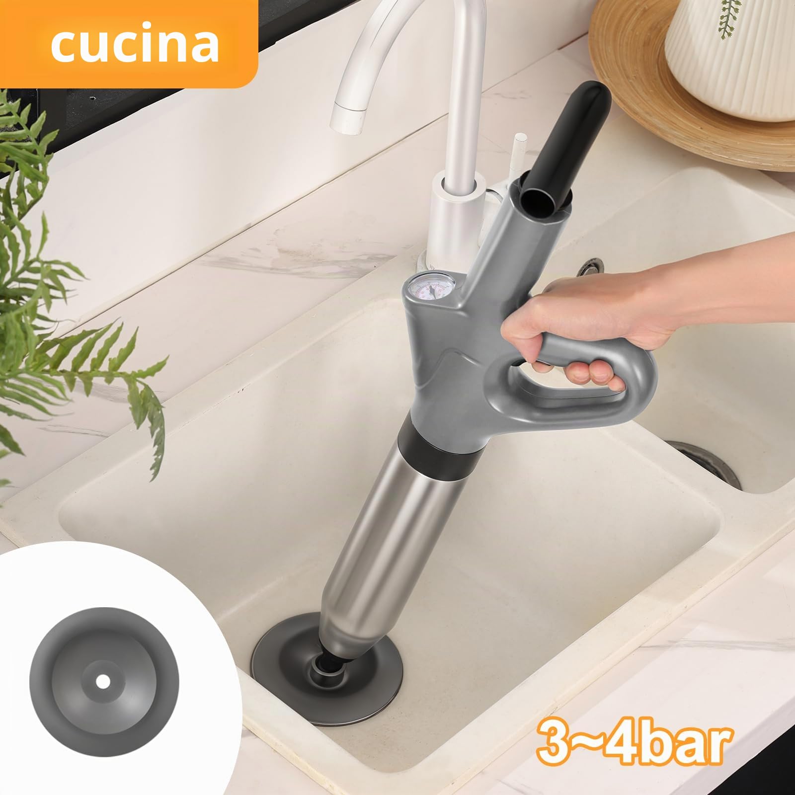 Pompa Stura Scarichi a Pressione, Sturatubi Aria Compressa con Barometro, Sturalavandini a Pressione con Quattro Diverse Ventose per Bagni Servizi Igienici Lavabi