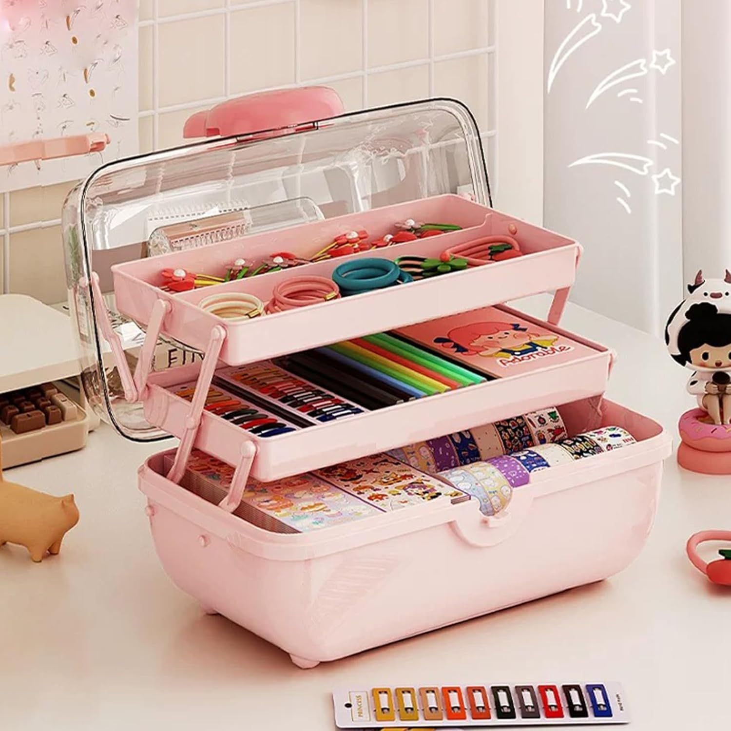 Hair Accessories Storage Box, Rabbit Organizer Box, 3 Layers Multipurpose Organizer, Jewelry Box, Plastic Hair Ties Holder Hair Clips Container (Pink)