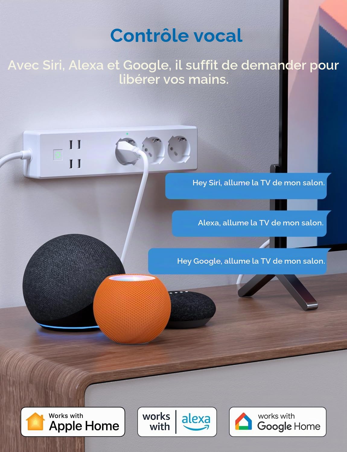 Meross Multiprise Italienne avec kit Intelligent HomeKit, 16 A Smart WiFi avec 3 Schuko 4 Ports USB, Protection Contre Les surcharges, Compatible avec HomeKit, Alexa, Google Home, SmartThings