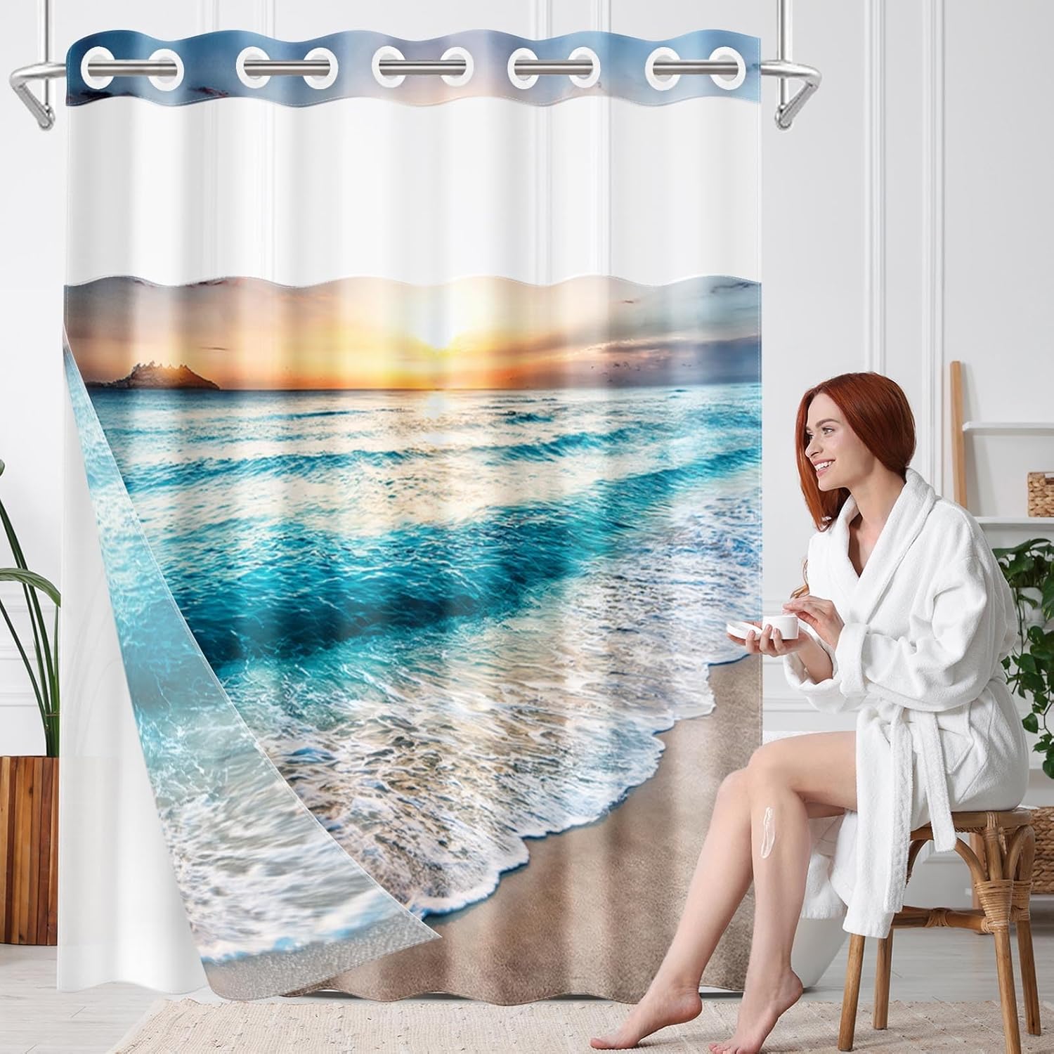 No Hook Beach Shower Curtain with Snap in Fabric Liner Set, Summer Sea Ocean Double Layers Waterproof Fabric with See Through Top Window Open Grommet Bath Curtain 71x74 Inch