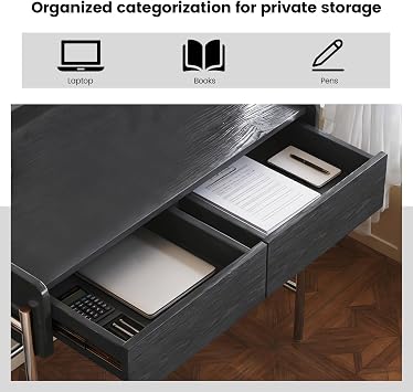 Miuuod Black Wood Grain Computer Desk with Metal Frame Legs, 2 Drawers Writing Table, Raised Edge Home Office Desk, Study Workstation for Bedroom Small Space, 35.43 Laptop Desk Storage Organizer