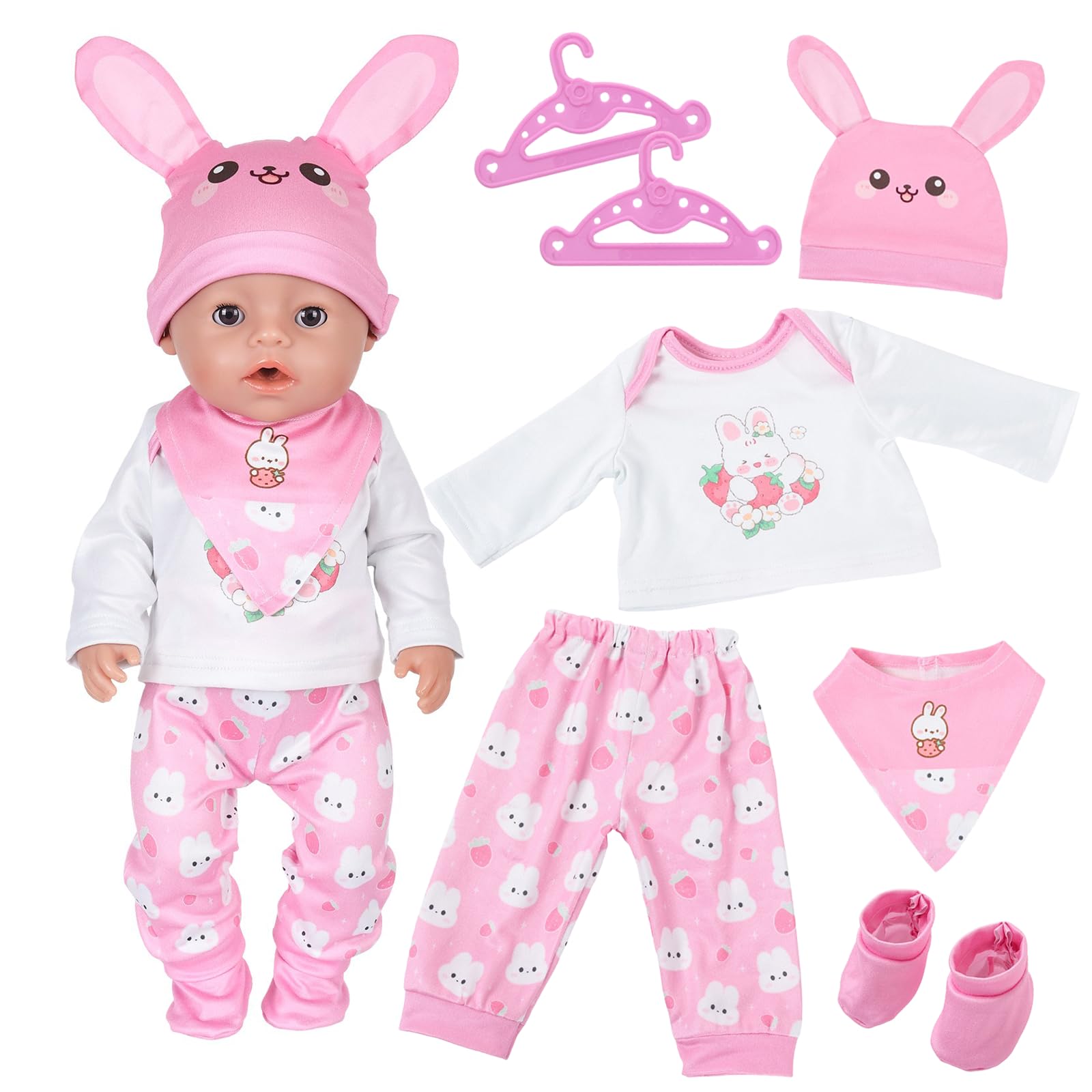 7-Piece Pink Bunny Doll Clothes for 35–43 cm 14–18 inch Baby Dolls Outfit