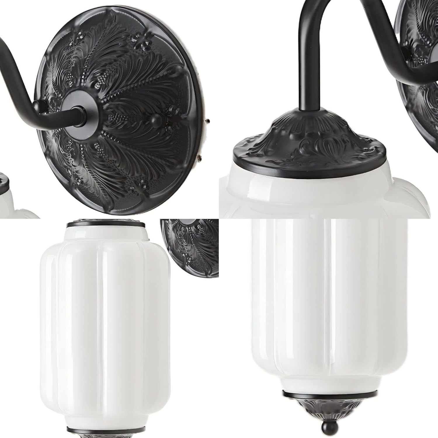 LIGHTLAND Milk Glass Wall Sconce, Vintage Metal Glass Wall Light Fixture, Wall Lamp for Living Room Bedroom Hallway (Pack of 1, White and Black)