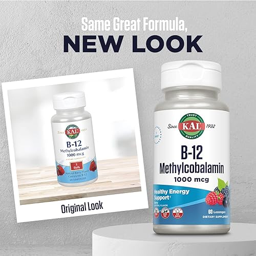 Miniatura 2 de KAL Pastillas de vitamina B-12 metilcobalamina 1000mcg, energía saludable, metabolismo, nervios y glóbulos rojos,* absorción óptima, sabor a bayas