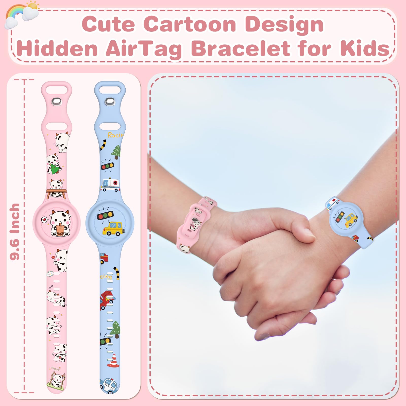 Waterproof Air Tag Bracelet for Kids, Cute Cartoon AirTag Holder for Kids Soft Silicone Full Coverage Hidden Airtags Wristband for Apple GPS Tracker Item Finders,Sky Blue Cartoon Cars