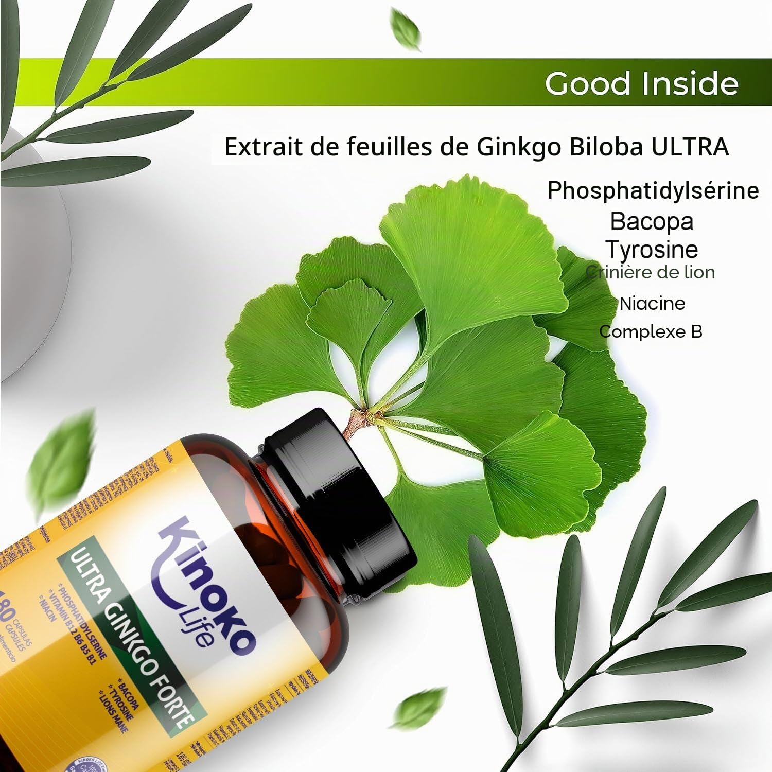 Ginkgo Forte Ultra - 180 Gélules avec Bacopa, Phosphatidylsérine, Crinière de Lion, Tyrosine, Niacine et Vitamines B, Nootropique Naturel