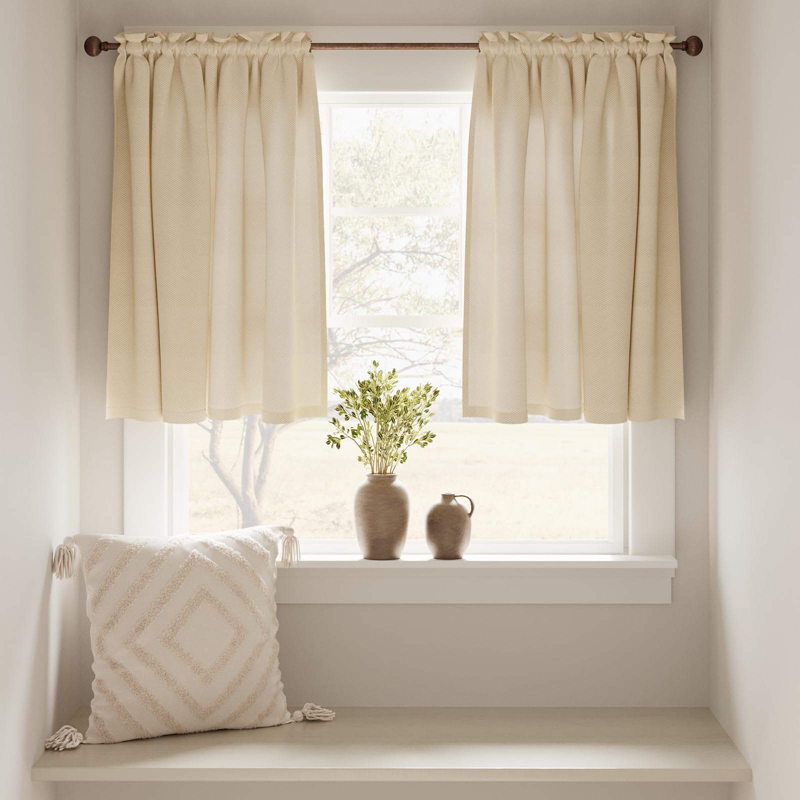 TOPICK Faux Linen Kitchen Curtains 24 Inch Drop Small Cafe Curtains Privacy Textured Curtain Tiers for Bathroom Sink Laundry Rod pocket 2 Panels Beige - Image 3