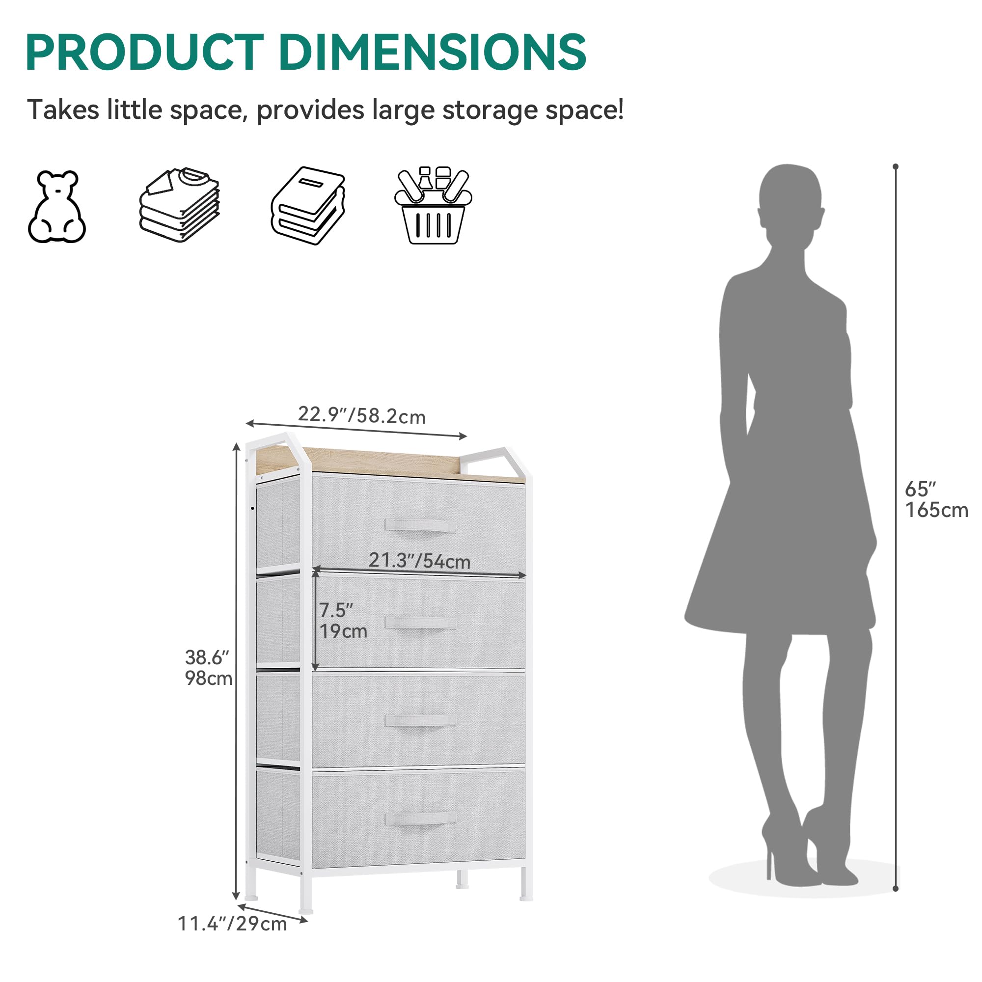 thumbnail: YITAHOME Ladekast Met 4 Laden - Stoffen Dressoir Lichtgrijs, Metalen Frame Voor Slaapkamer En Woonkamer