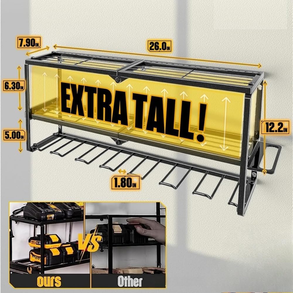 Power Tool Organizer Wall Mount with Side Hooks - 3 Tier Expandable Tool Rack, 7-Slot Design for Max Storage, Heavy Duty Carbon Steel Garage Storage & Organization Shelf, Black