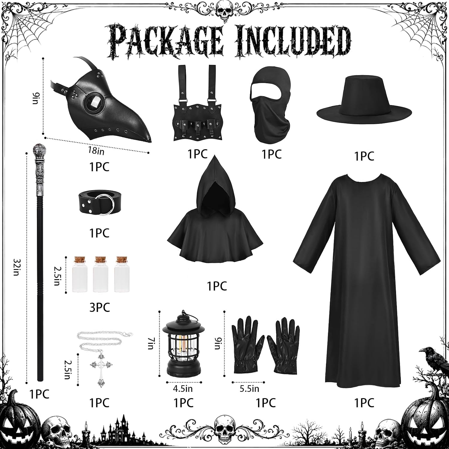 Plague Doctor Costume, 12-in-1 Plague Doctor Mask and Robe Set