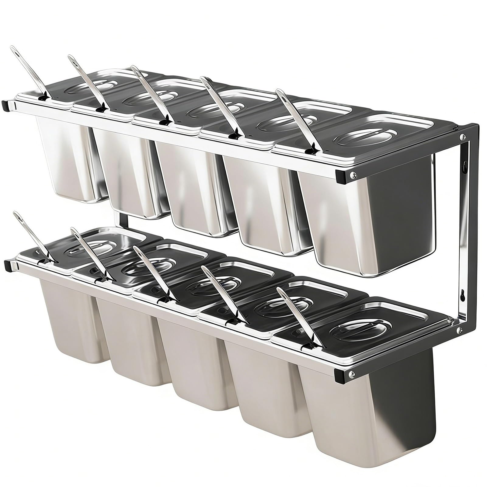 SaryEdge 2Tier Stainless Steel Pizza Topping Station With Spoons & Lids Wallmounted Spice Rack 6/8/10 Compartments For Kitchen & Restaurant Use 5Pcs,15Cm-5Pcs-,